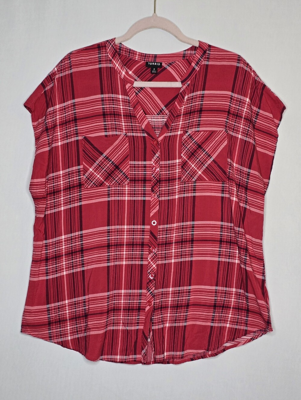Torrid Red Plaid Button-Front V-Neck Top